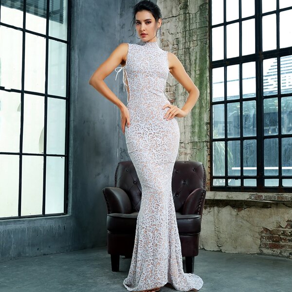 

Cut Out Lace Up Glitter Prom Dress, White