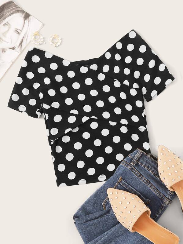 

Polka Dot Cross Wrap Front Tee, Black and white