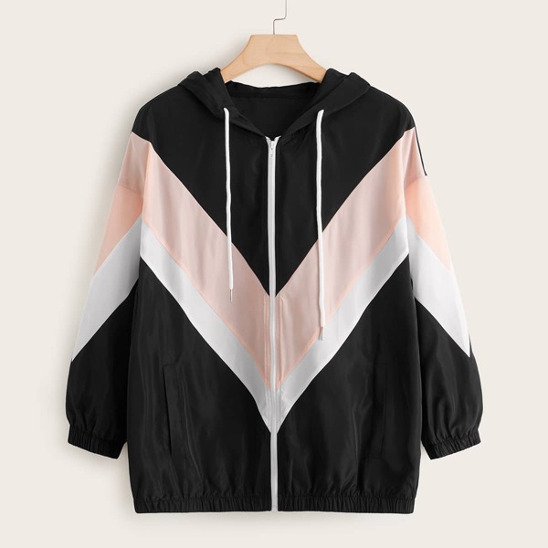 

Plus Cut And Sew Chevron Zip Up Windbreaker Jacket, Multicolor
