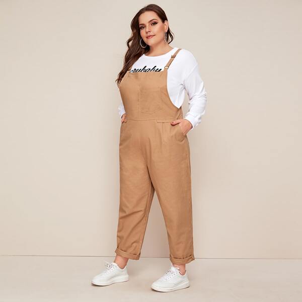 

Plus Pocket Side Rolled Hem Denim Overalls, Khaki
