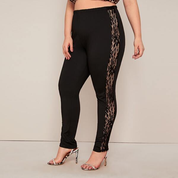 

Plus Lace Insert Elastic Waist Leggings, Black