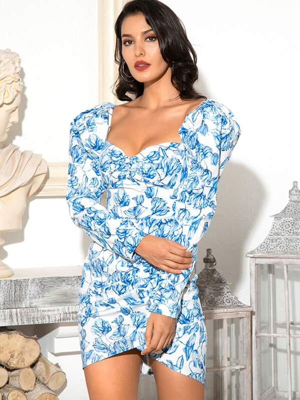 

LOVE&LEMONADE Floral Print Sweetheart Gigot Sleeve Wrap Dress, Multicolor