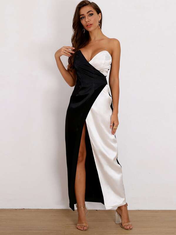 

Joyfunear Colorblock Wrap Split Thigh Satin Dress, Black and white
