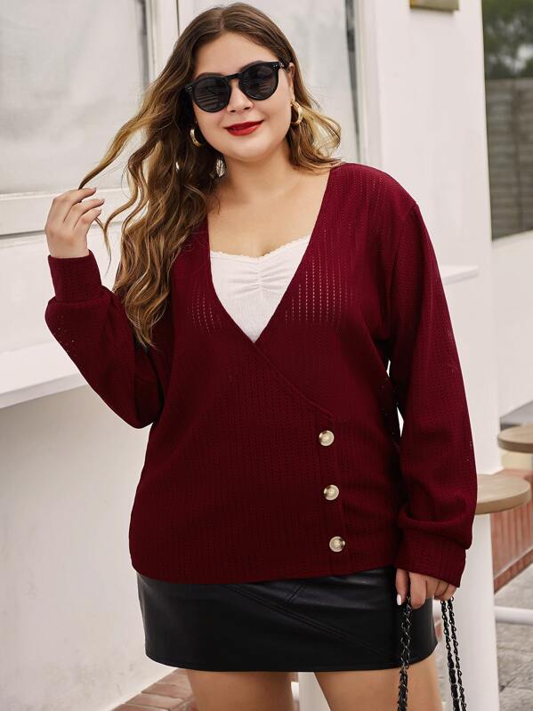 

Plus Button Front Pointelle Knit Sweater, Burgundy