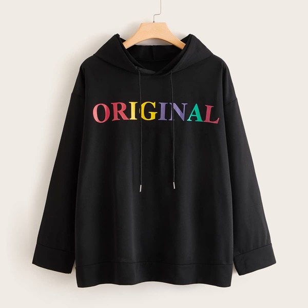 

Plus Colorful Letter Graphic Drawstring Hoodie, Black