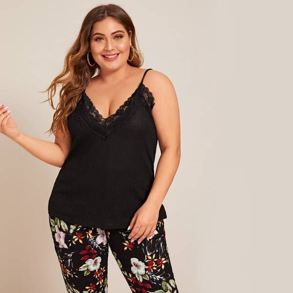 

Plus Contrast Lace Ribbed Cami Knit Top, Black