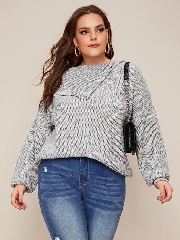 

Plus Buttoned Foldover Collar Honeycomb Knit Sweater, Grey, Ella