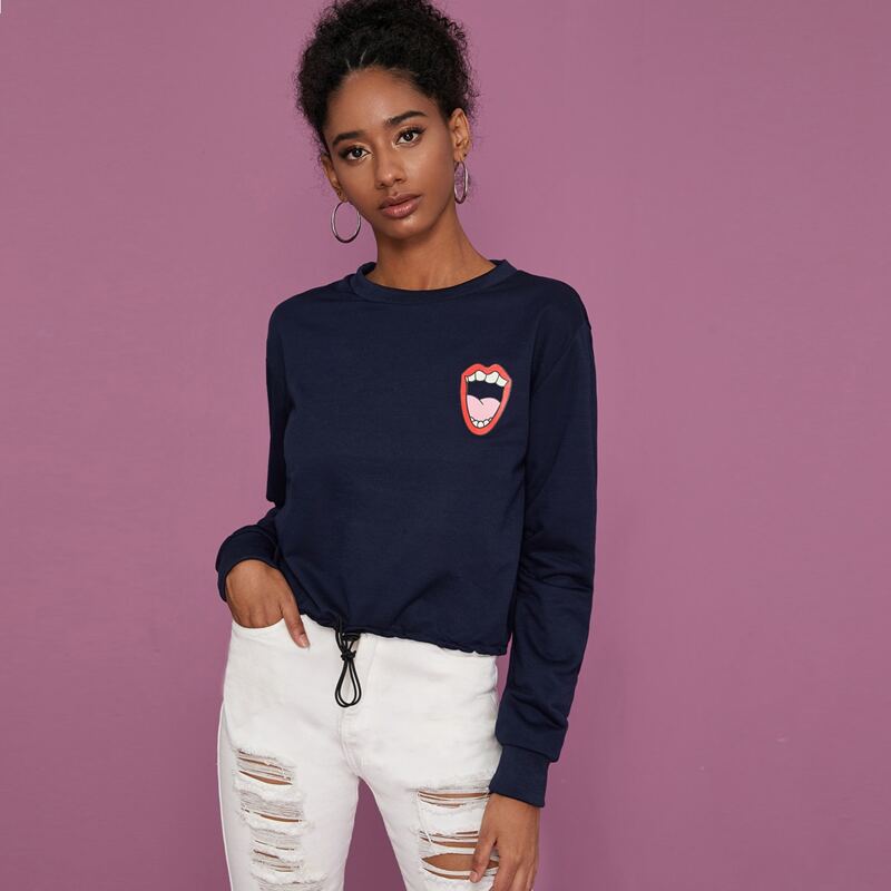 

Mouth & Letter Graphic Drawstring Hem Sweatshirt, Navy