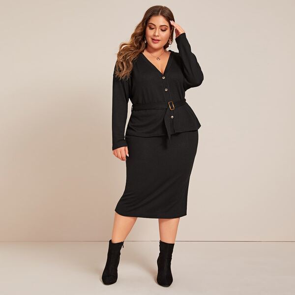 

Plus Button Front Buckle Belted Cardigan & Bodycon Sweater Skirt Set, Black
