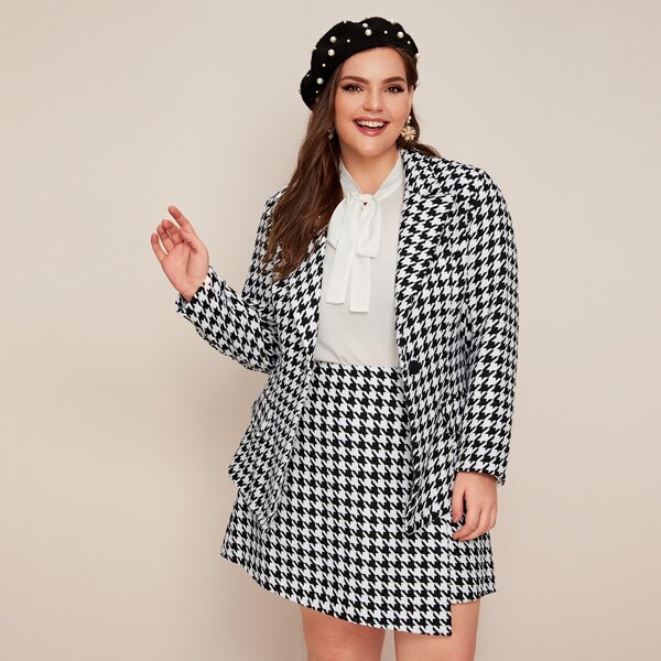 

Plus Houndstooth Single Button Blazer & Wrap Skirt Set, Black and white