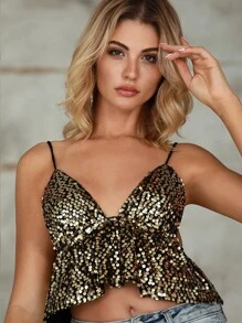 Double Crazy top de tirante corto con lentejuelas bajo fruncido - Dorado - Ver 4