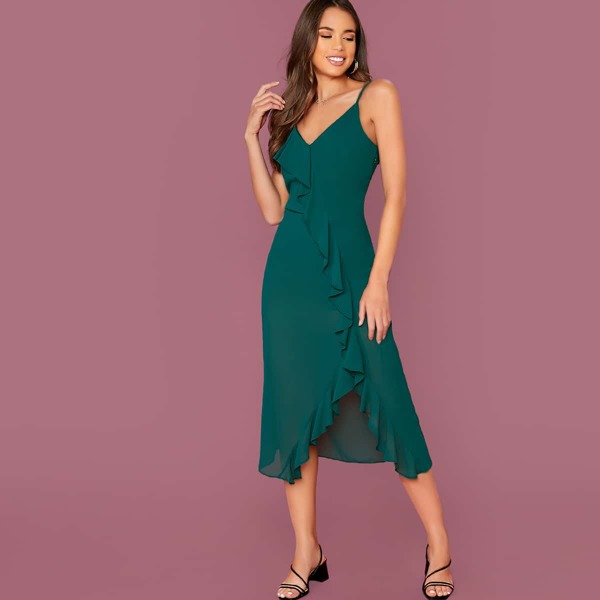 

Ruffle Trim Sleeveless Midi Slip Dress, Green