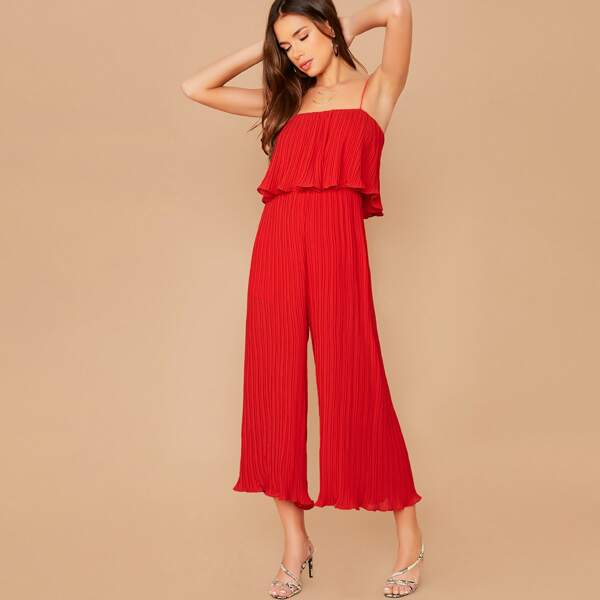 

Spaghetti Strap Pleated Chiffon Wide Leg Jumpsuit