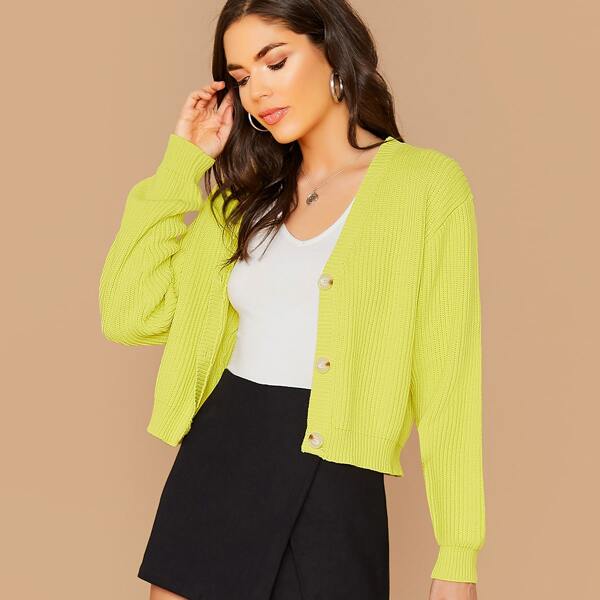

V-Neck Button Front Ribbed Cardigan, Yellow bright