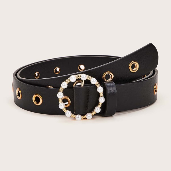

Eyelet Decor Faux Pearl O-ring Buckle Belt, Black