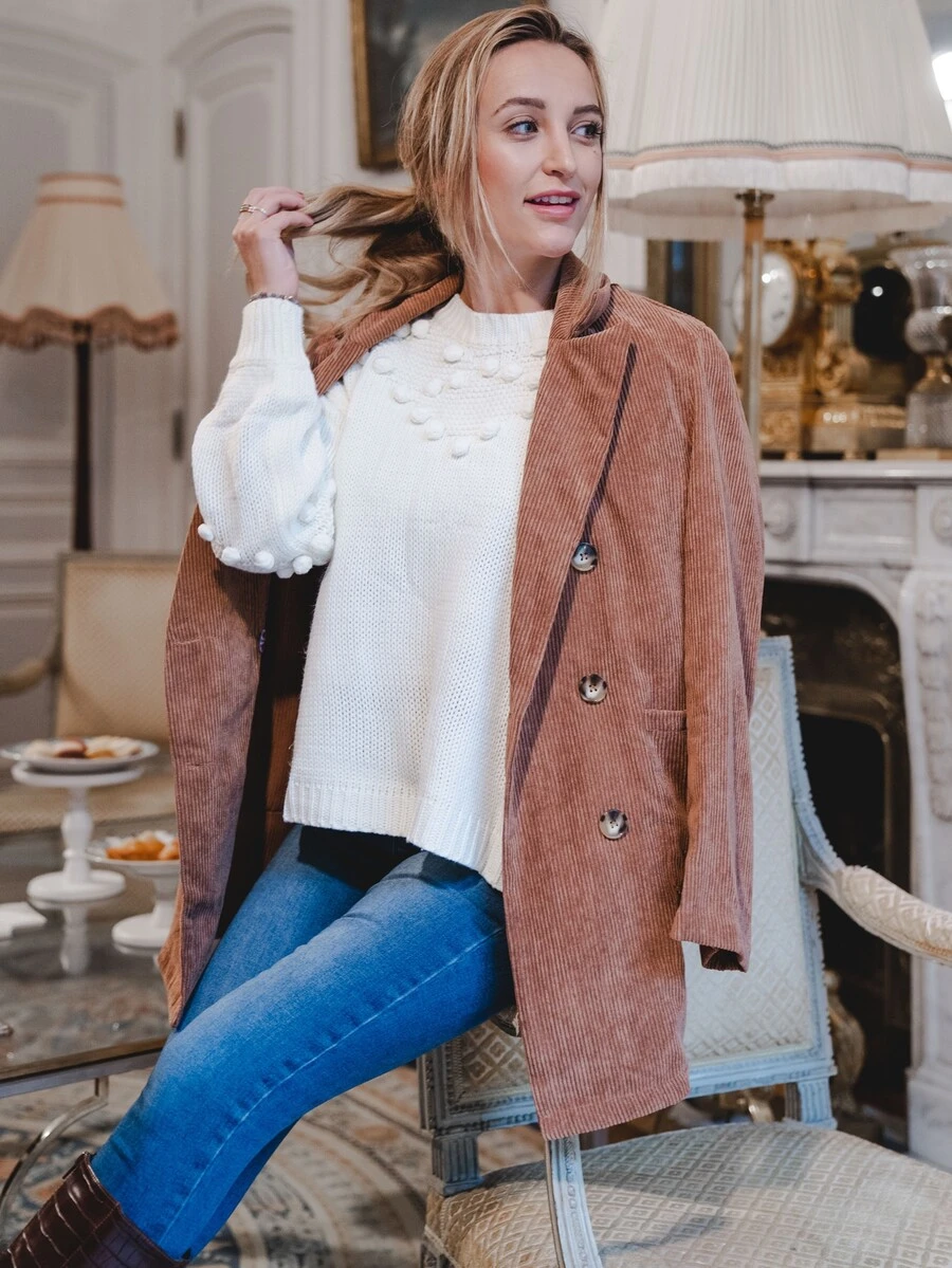 SHEIN Notched Collar Double Breasted Pocket Patched Cord Coat - Camel - View 1