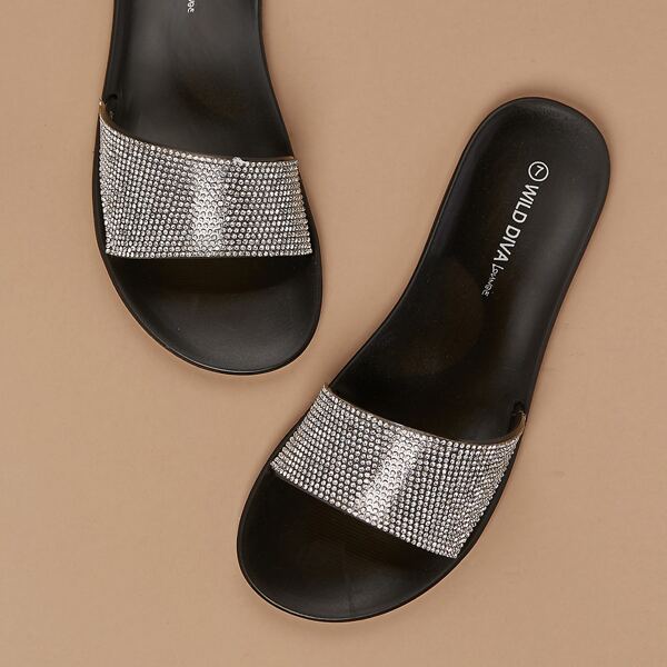 

Open Toe Diamante Band Rubber Slide Sandals, Black