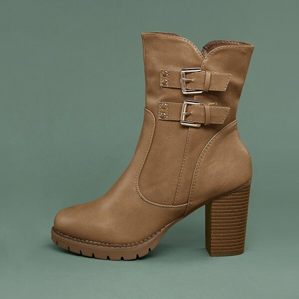 

Side Zip Heavy Sole Stacked Heel Ankle Boots, Camel
