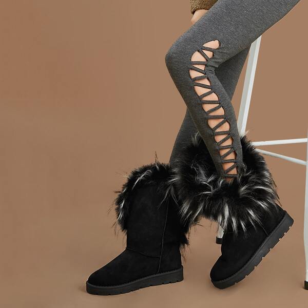 

Faux Fur Cuff Cold Lug Sole Weather Boots, Black