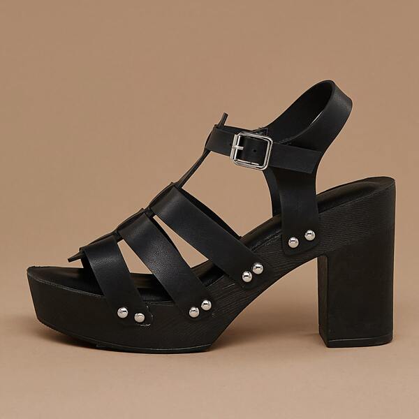 

Faux Wood Platform Caged Heel Sandals, Black
