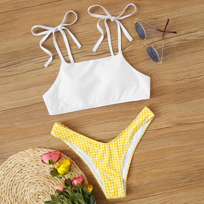

Self Tie Top With Gingham High Cut Bikini Set, Multicolor