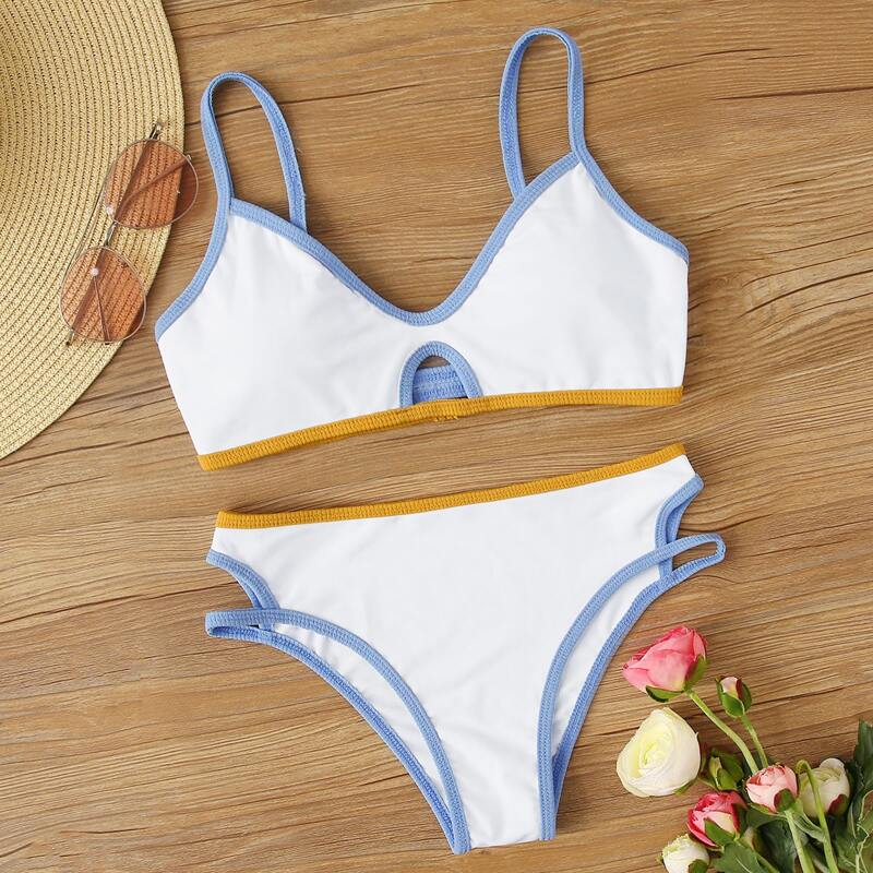 

Contrast Piping Cut Out Bikini Set, Multicolor