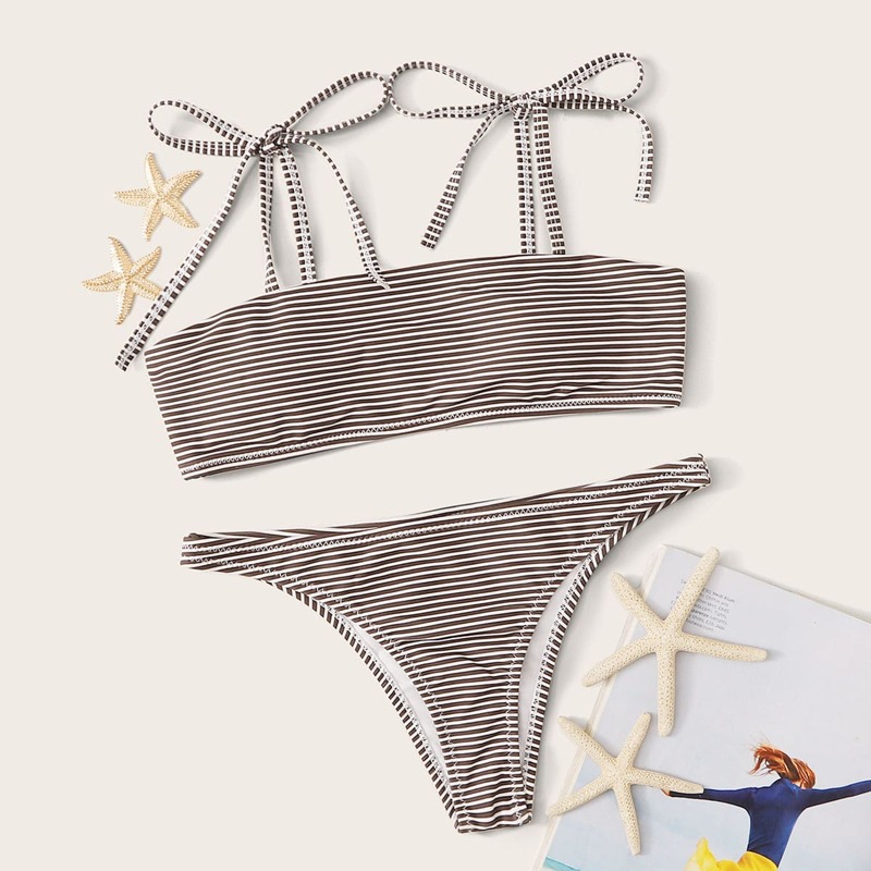

Striped Self Tie Top With Low Rise Bikini Set, Multicolor
