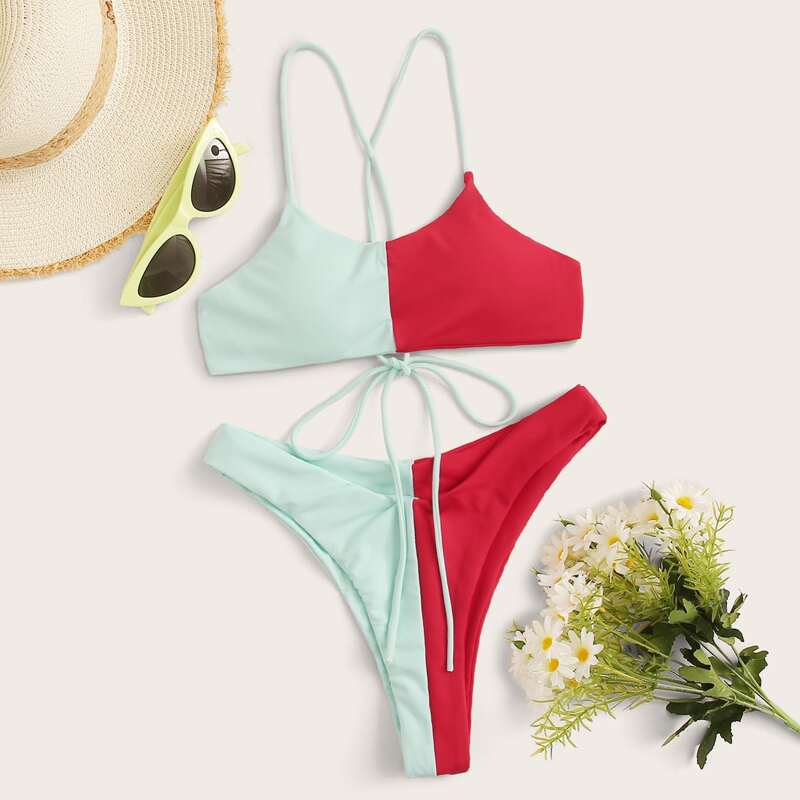 

Two Tone Crisscross Top With High Cut Bikini Set, Multicolor