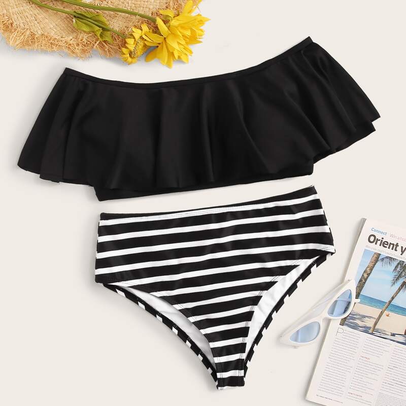 

Off Shoulder Flounce Top With Striped High Waist Bikini, Black and white