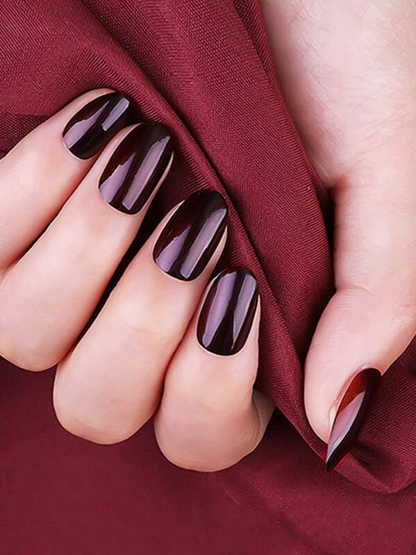 

24pcs Plain Fake Nail & Nail File With Side Tape, Burgundy