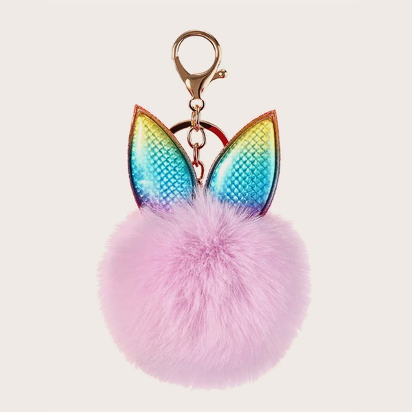 

Holographic Ear & Pom Pom Charm Keychain, Pink