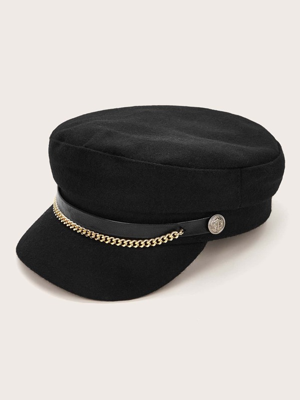 

Chain Decor Baker Boy Hat, Black