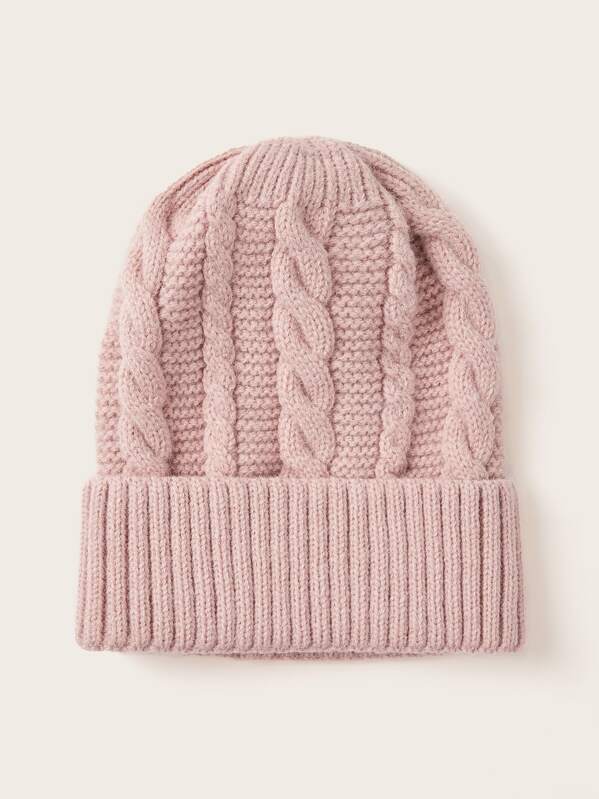 

Solid Color Cable Knit Beanie, Pink