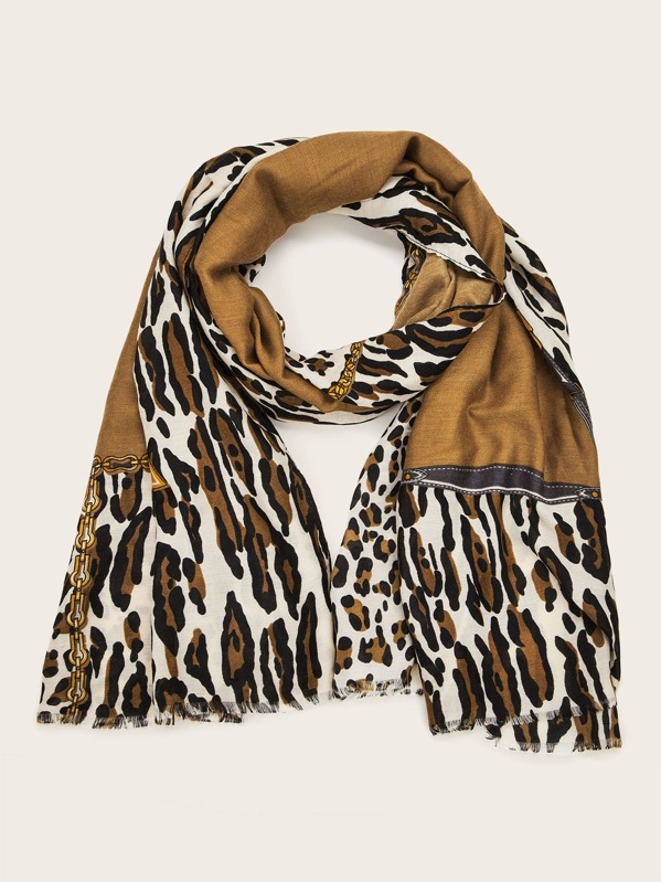 

Leopard & Chain Pattern Scarf, Multicolor