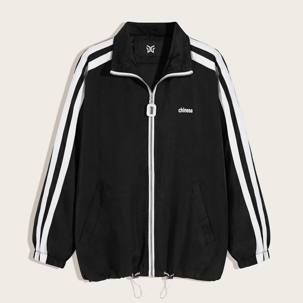 

Men Side Stripe Drawstring Hem Jacket, Black