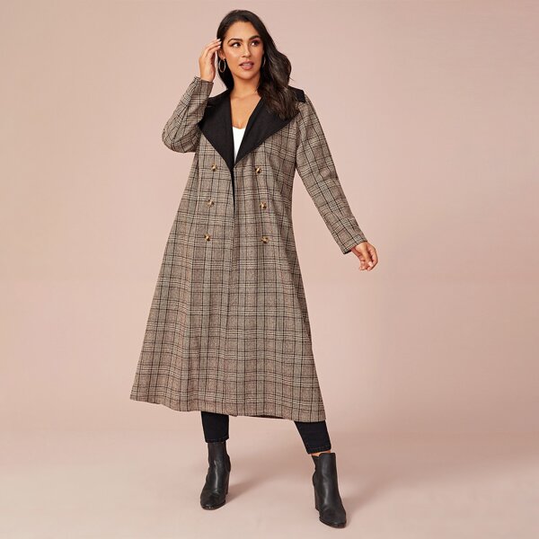 

Plus Plaid Tweed Double Breasted Waterfall Coat, Multicolor