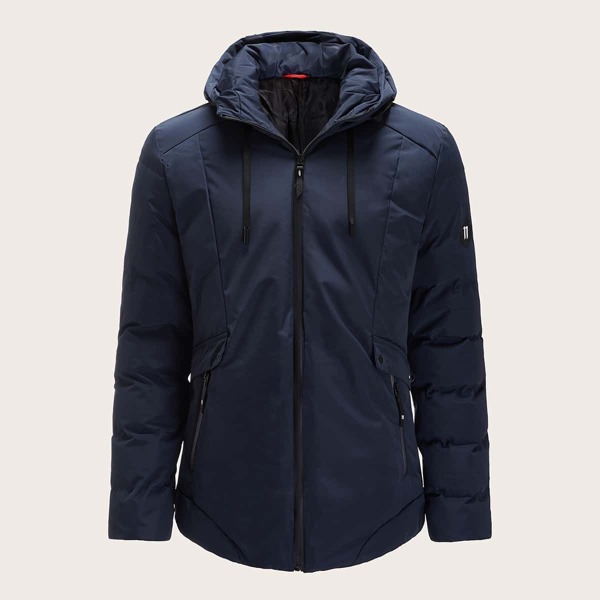 

Men Letter Patched Drawstring Hooded Puffer Coat, Navy