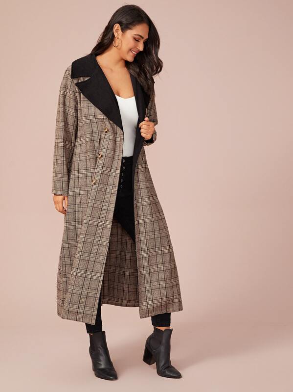 

Plus Plaid Tweed Double Breasted Waterfall Coat, Multicolor, Ruiz Brianna