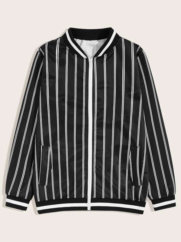 

Men Vertical Stripe Bomber Jacket, Black and white
