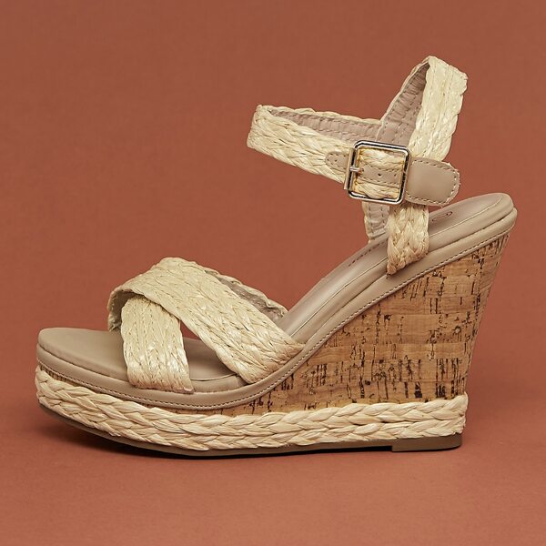 

Open Toe Woven Straw Strappy Wedge Sandals, Apricot
