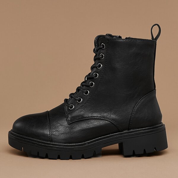 

Lace Front Lug Sole Side Zipper Combat Boots, Black