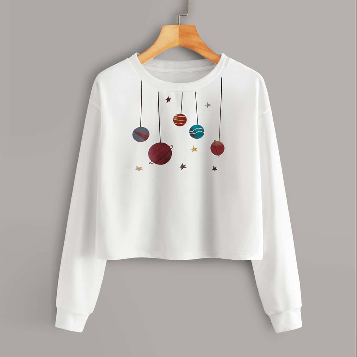 

Planet Print Crew Neck Crop Sweatshirt, White