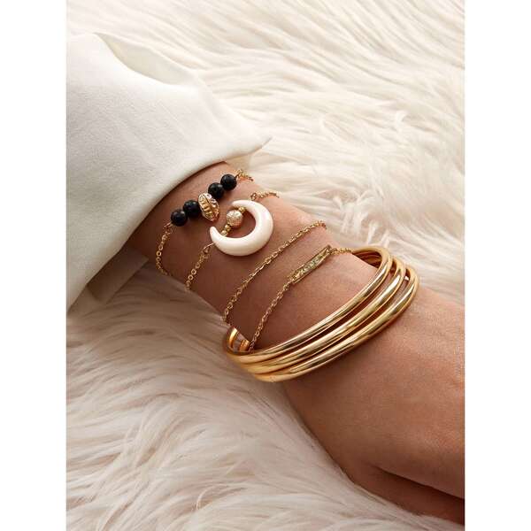 

7pcs Shell & Moon Decor Bracelet Set, Gold