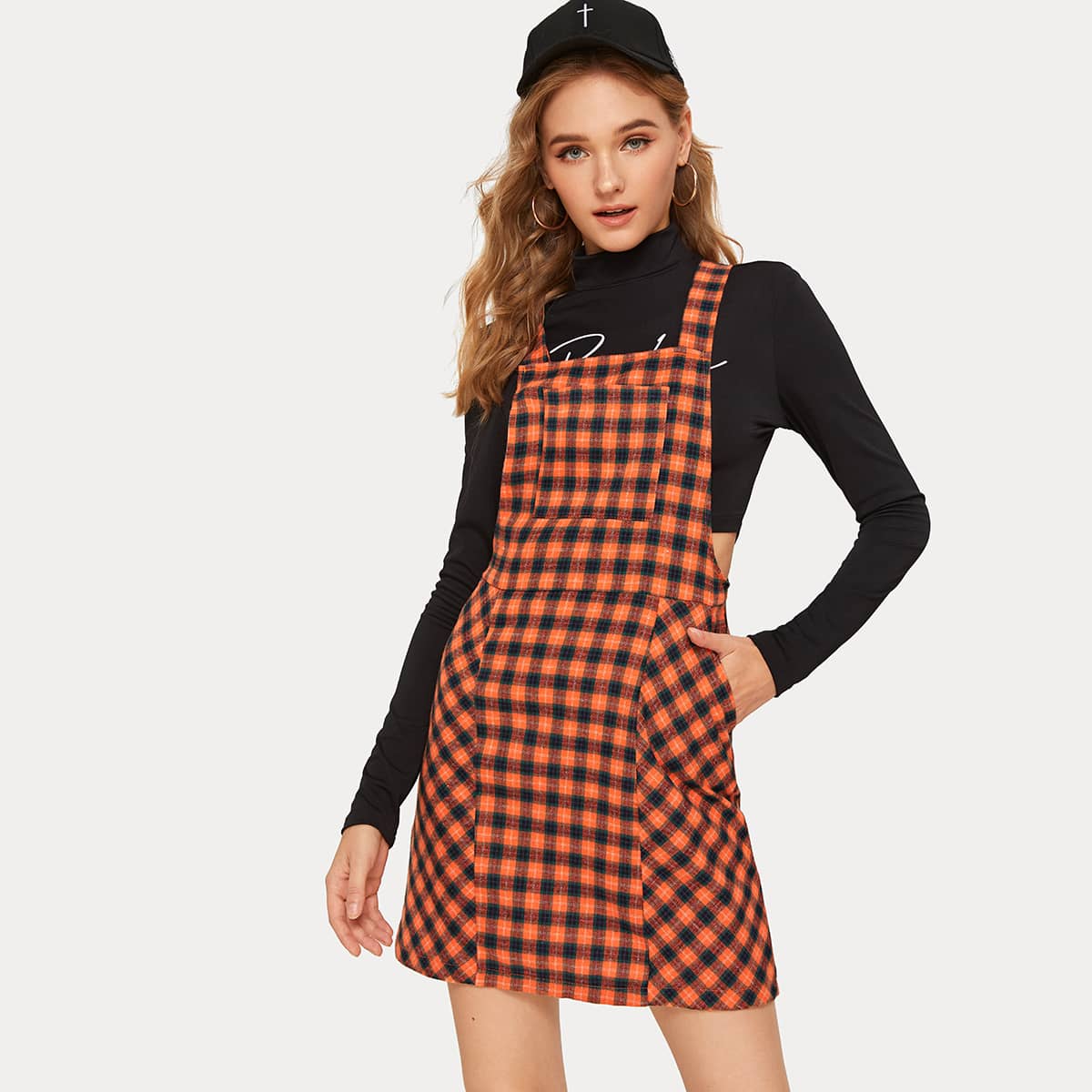 

Plaid Pocket Front Overall Dress, Orange