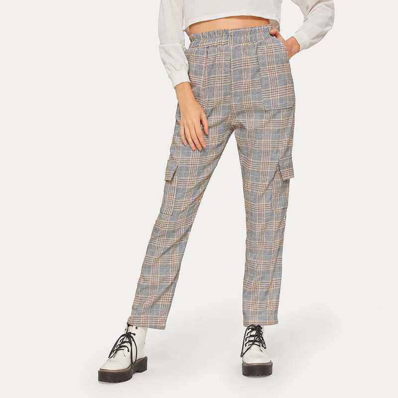 

Plaid Side Flap Pocket Cargo Pants, Grey