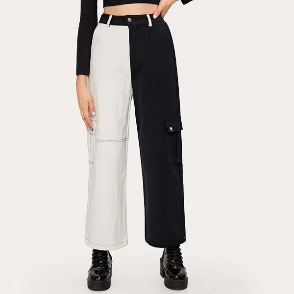 

Two Tone Side Flap Pocket Wide Leg Jeans, Black and white