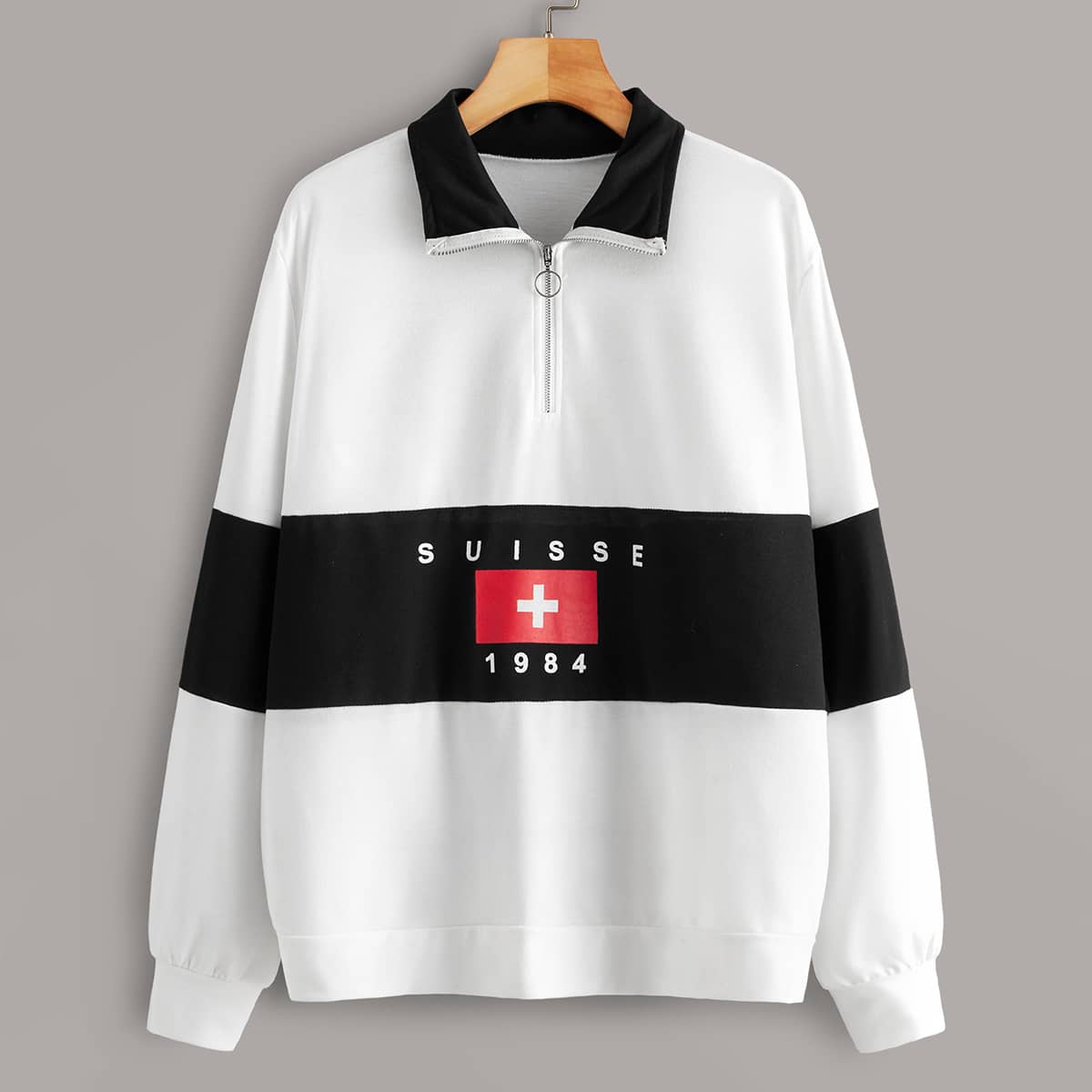 

Color-block Flag & Letter Graphic Half Zip Sweatshirt, Black and white