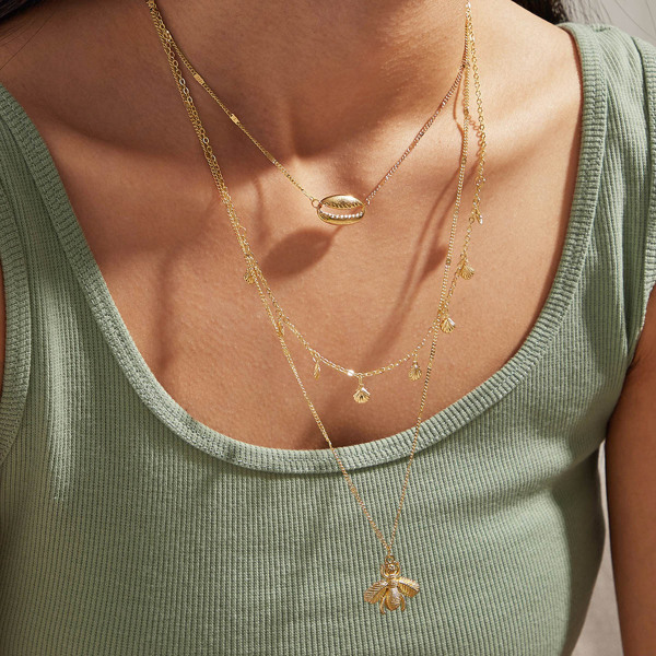 

1pc Shell & Bee Charm Layered Necklace, Gold