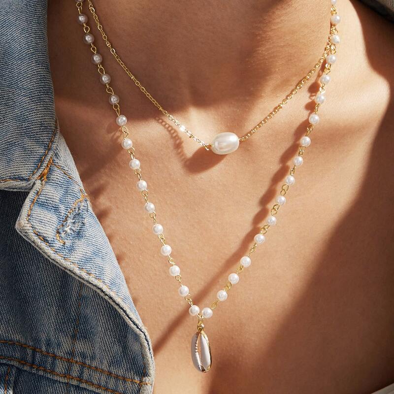 

1pc Pearl & Shell Charm Layered Necklace, White