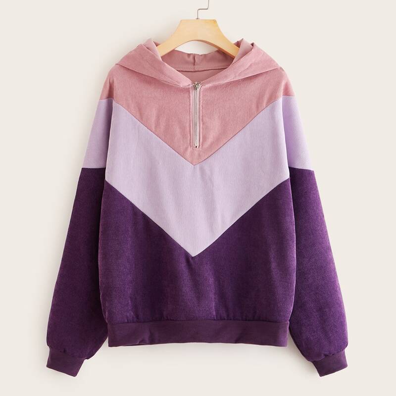 

Color-block Half Zip Corduroy Hoodie, Multicolor